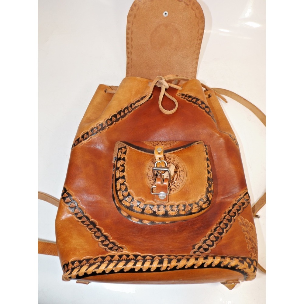 Leather Tooled & Stiched Backpack Purse Aztec design 13 x 9 x 5" - Picture 5 of 16